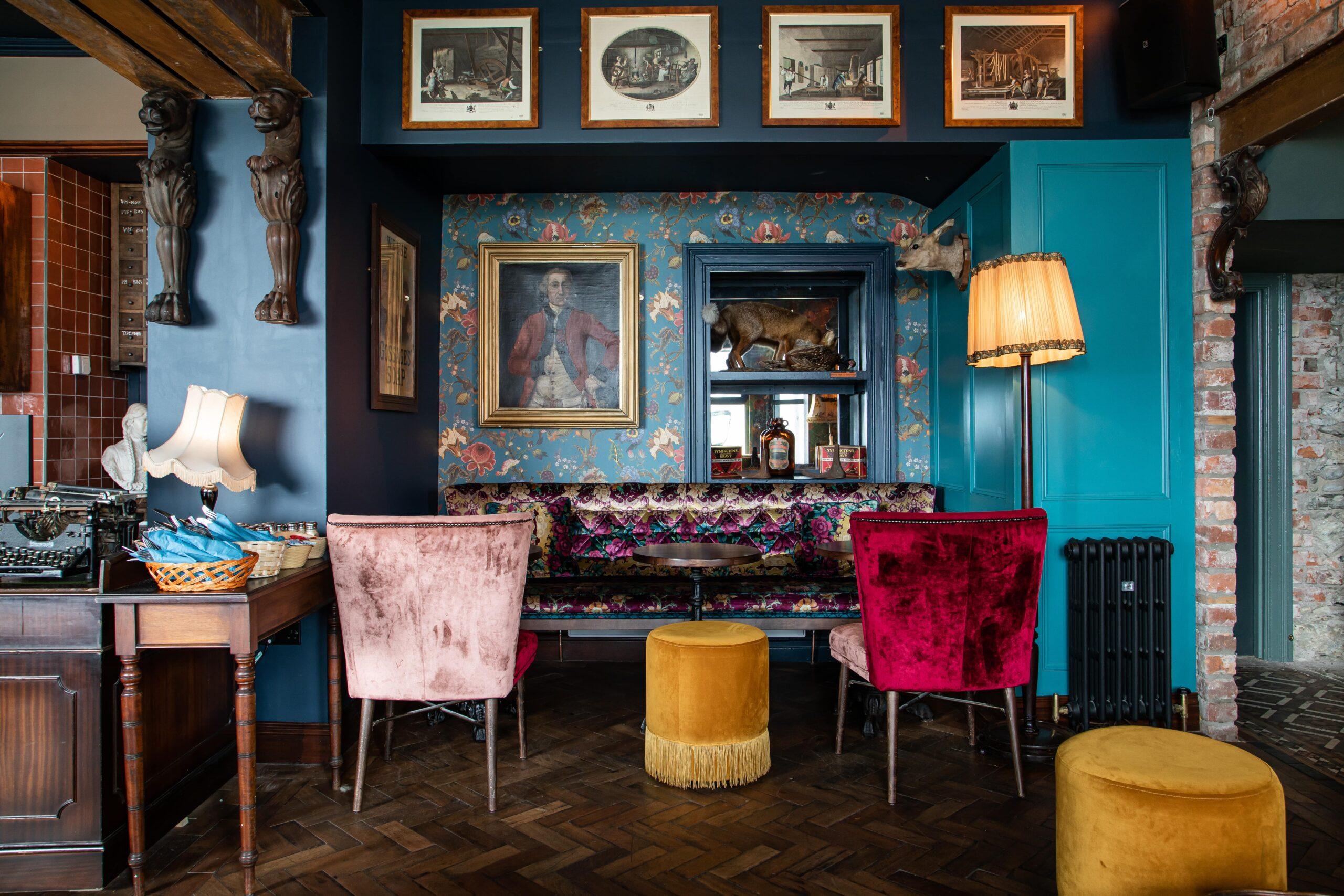 A navy boho and vintage hotel reception area in Avoca Hotel photographed by Rapid Agency