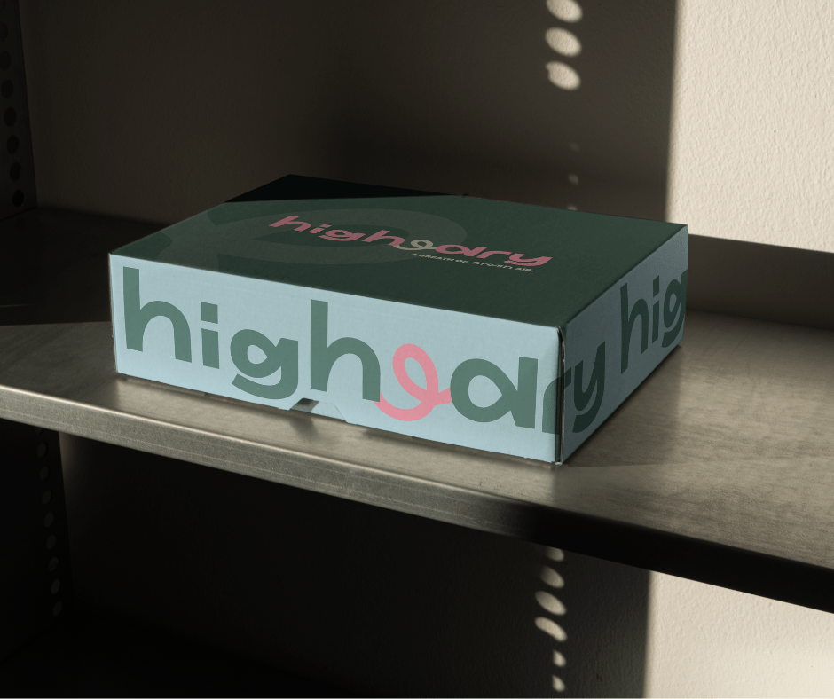 Green and blue packaging design for High & Dry by Rapid Agency in Belfast