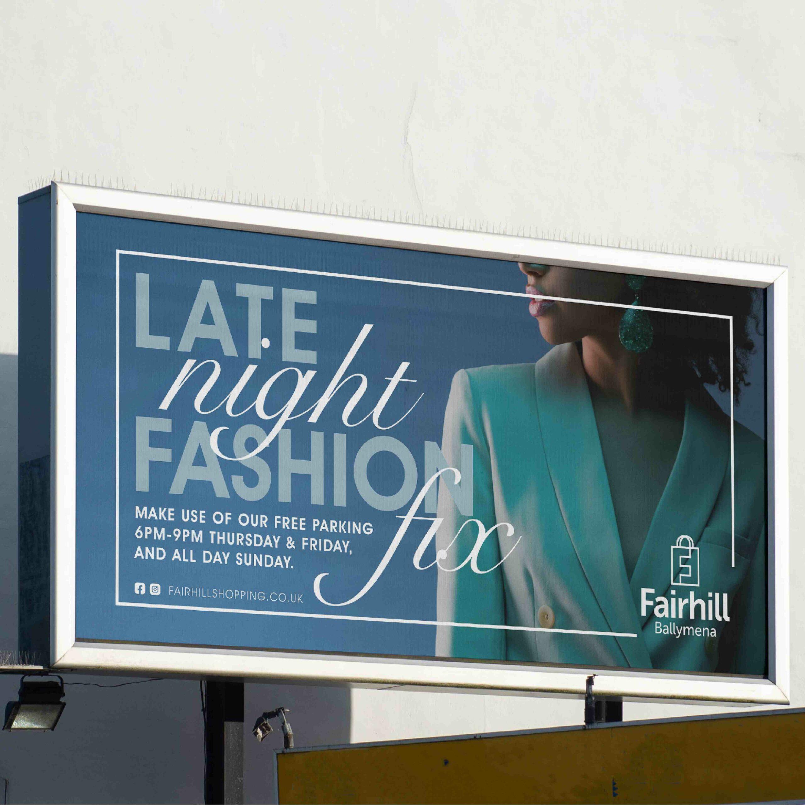 A blue billboard with women's fashion for Fairhill Shopping Centre by Rapid Agency