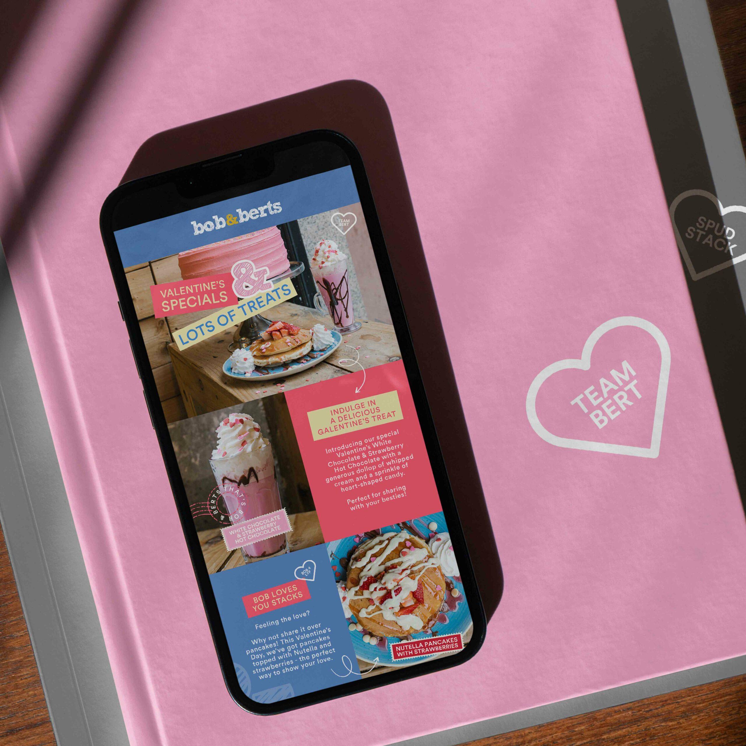 An email newsletter with a pink background for Bob & Berts Valentine's Day campaign design by Rapid Agency