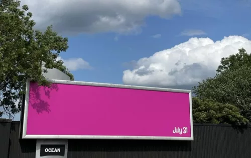 pink billboard for the marketing of the new barbie movie